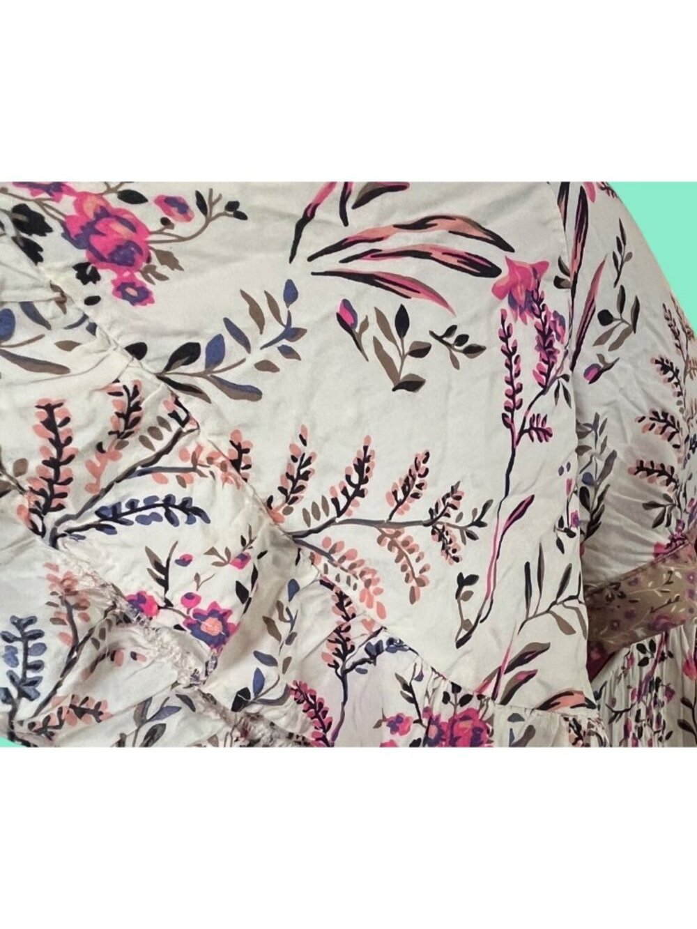 Floral High-Low Wrap Dress With Ruffle Hem Bell Sleeves & Tie Waist Beige & Pink - Picture 11 of 11